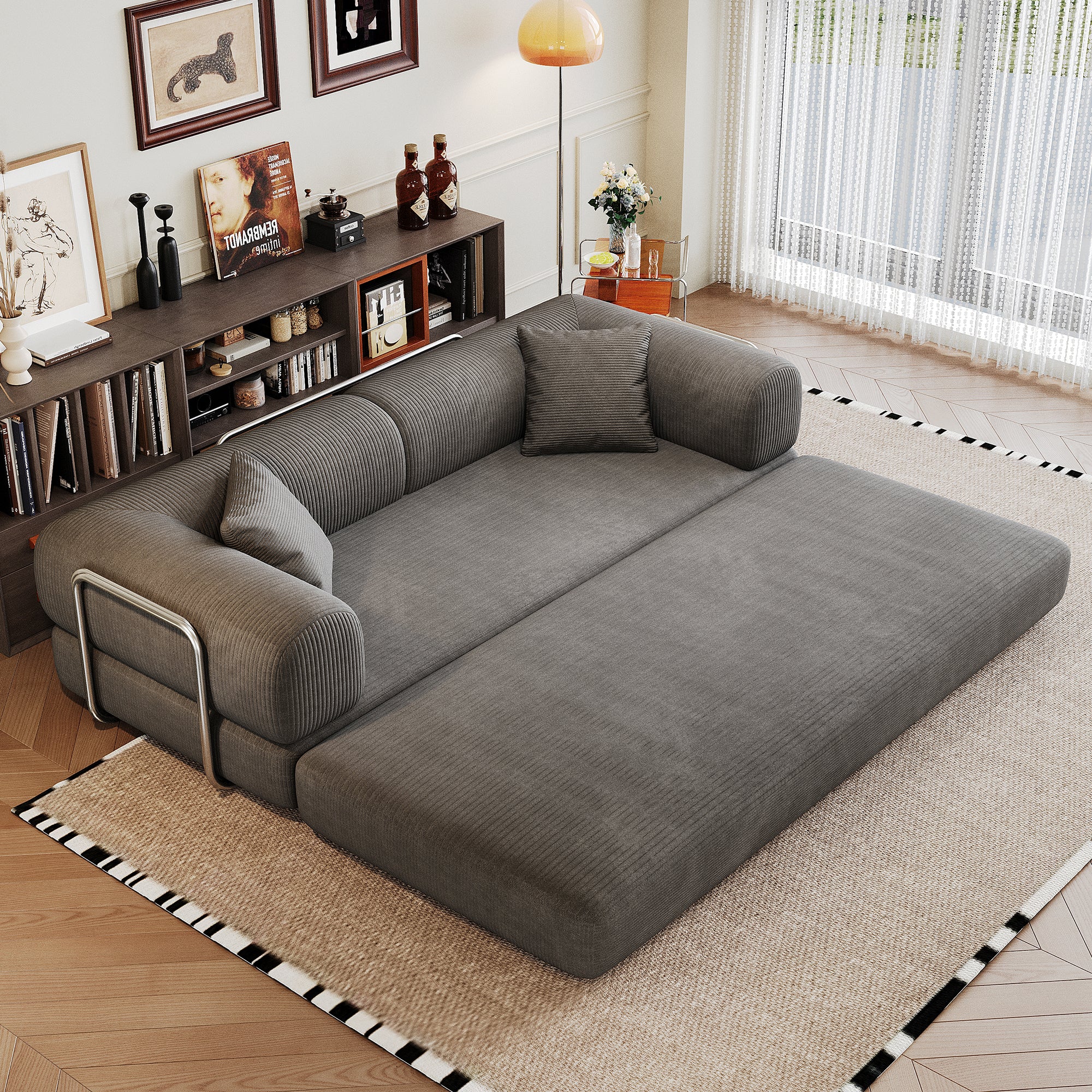 Milo convertible sleeper sofa bed folded out flat for sleeping