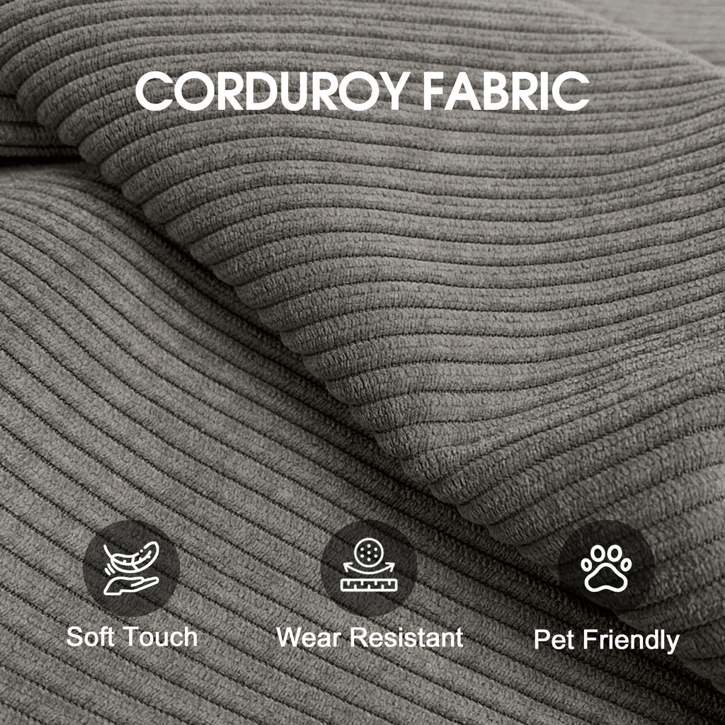 Close up of premium ribbed corduroy upholstery on a modern floor couch
