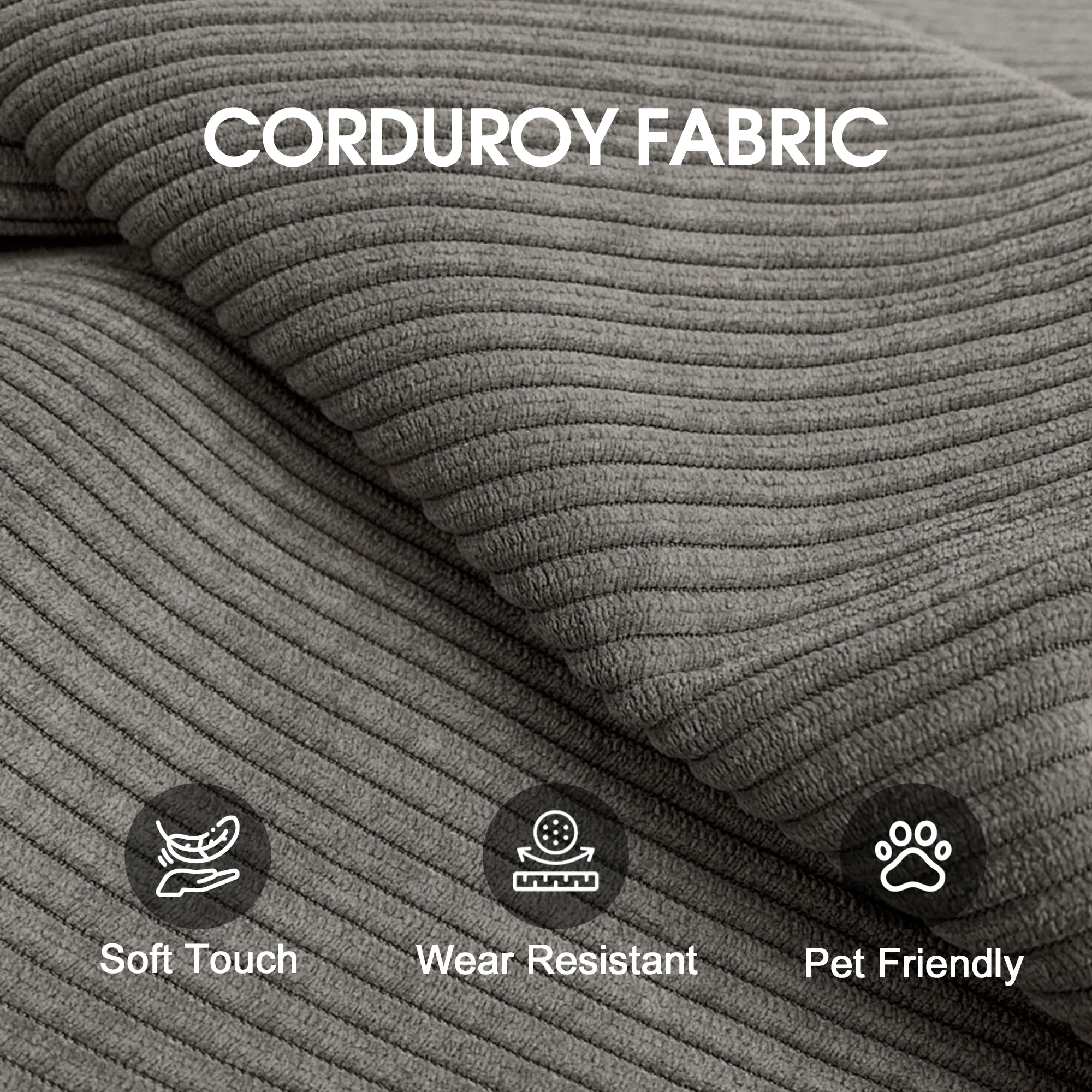 Close up of premium ribbed corduroy upholstery on a modern floor couch