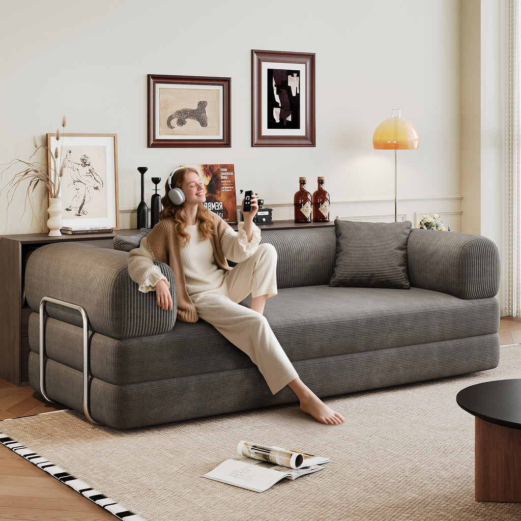 Modern Milo corduroy floor sofa in a minimalist living room setting