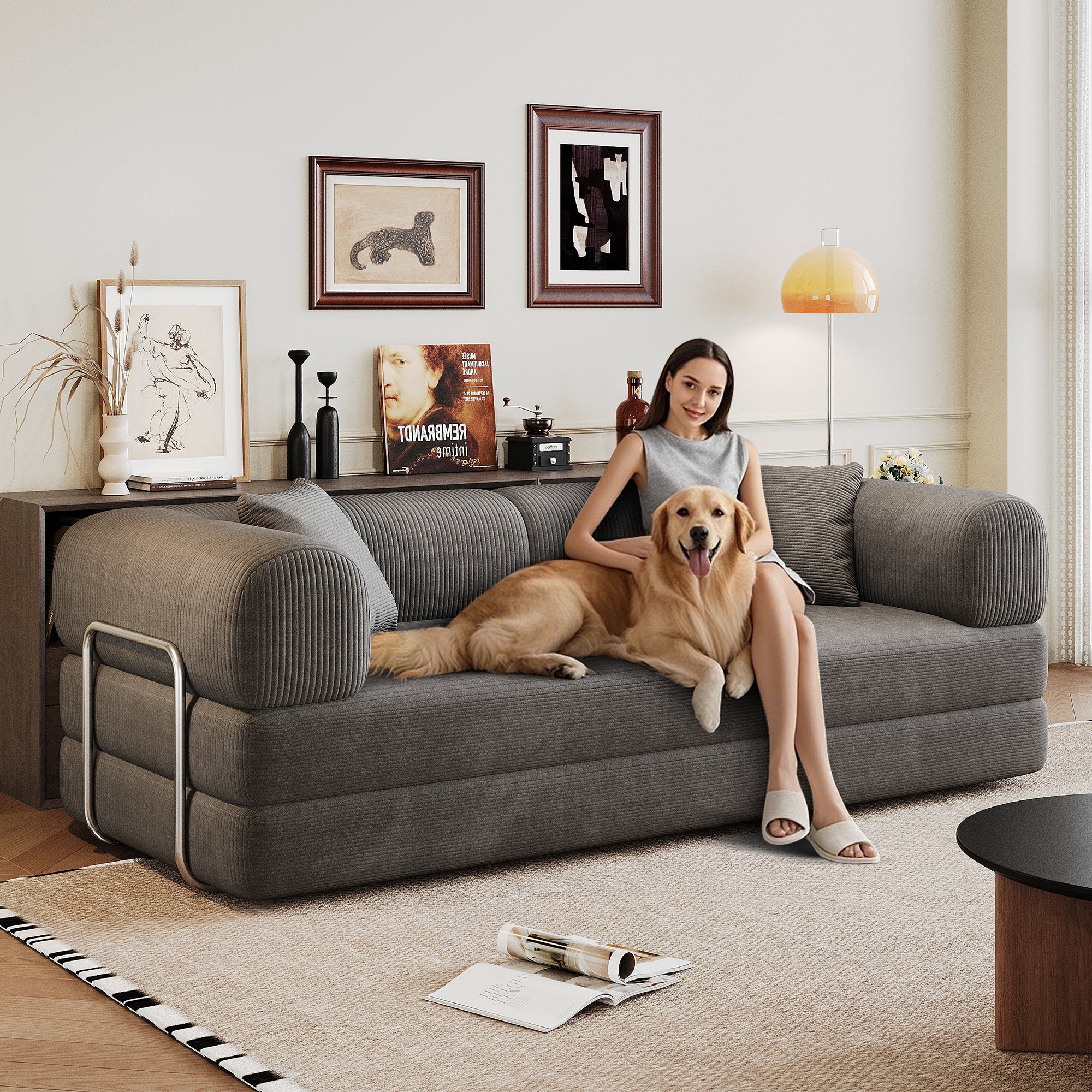 Modern Milo corduroy floor sofa in a minimalist living room setting