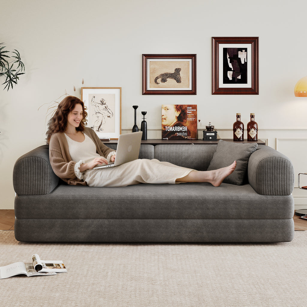 Modern Milo corduroy floor sofa in a minimalist living room setting
