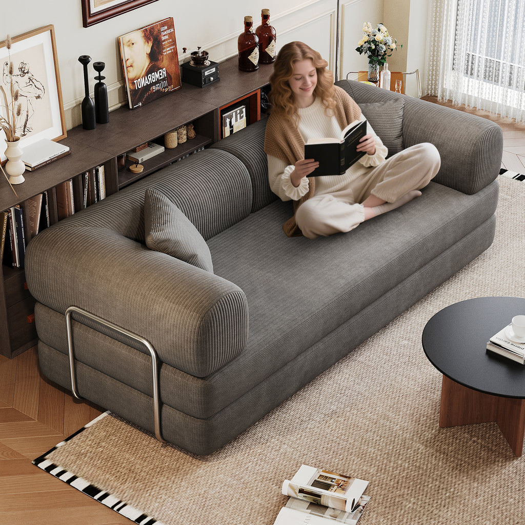 Modern Milo corduroy floor sofa in a minimalist living room setting