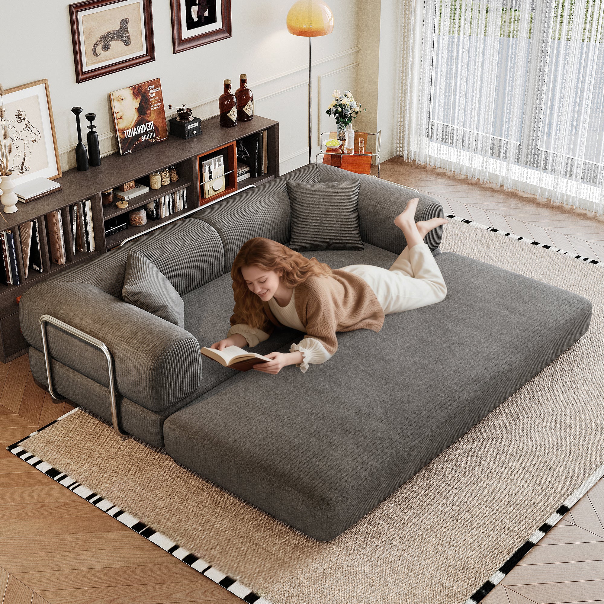 Milo convertible sleeper sofa bed folded out flat for sleeping