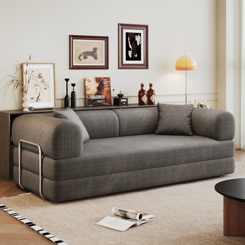 Modern Milo corduroy floor sofa in a minimalist living room setting